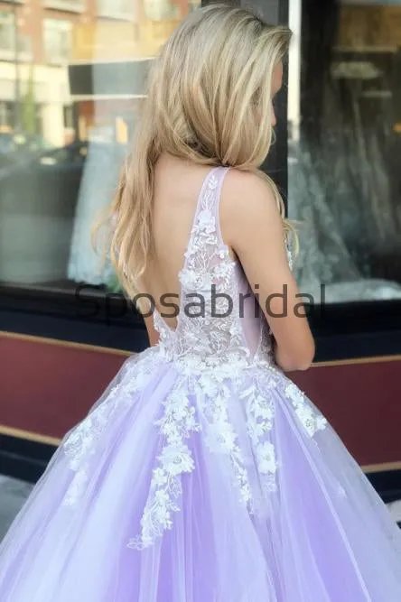 V-Neck Appliques Pink Tulle Long Formal Prom Dresses PD2179