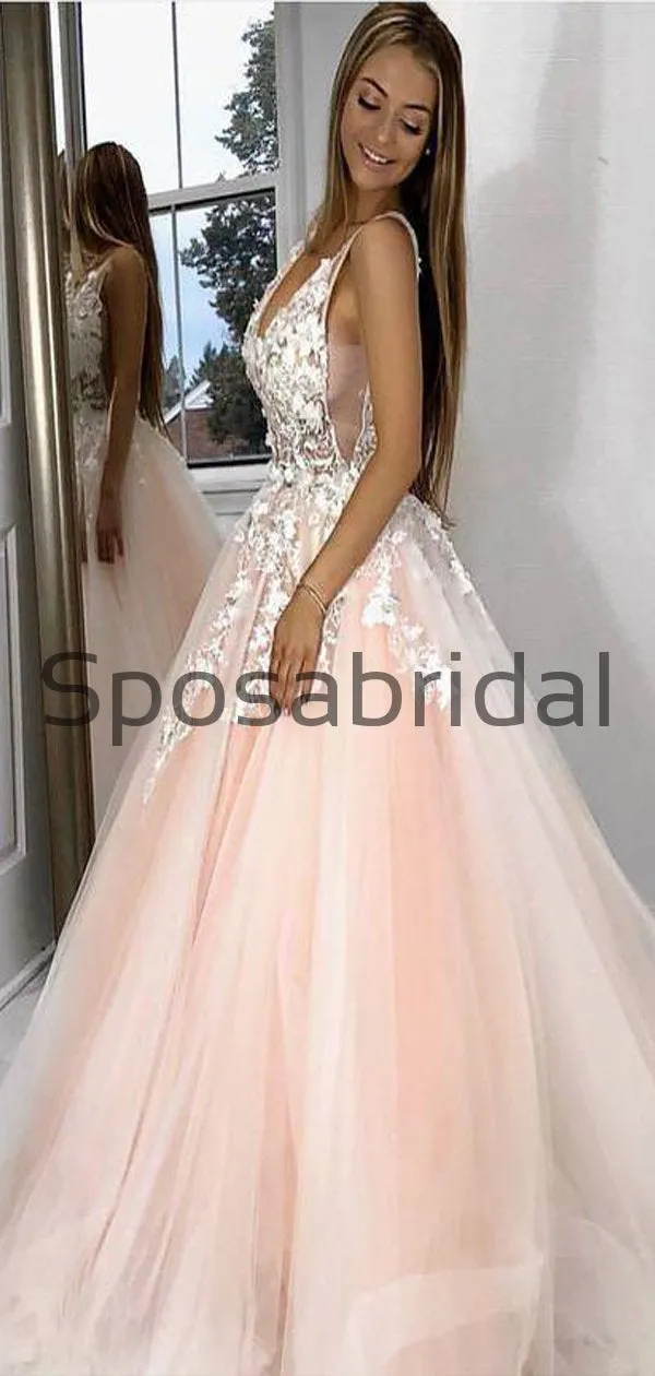 V-Neck Appliques Pink Tulle Long Formal Prom Dresses PD2179