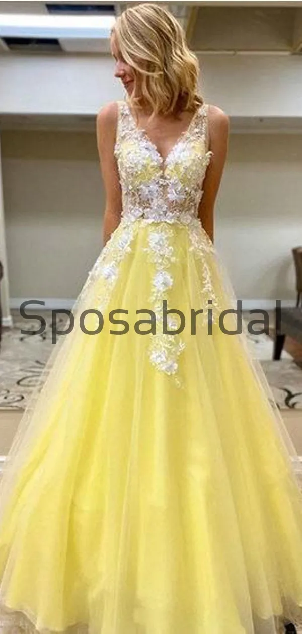 V-Neck Appliques Pink Tulle Long Formal Prom Dresses PD2179