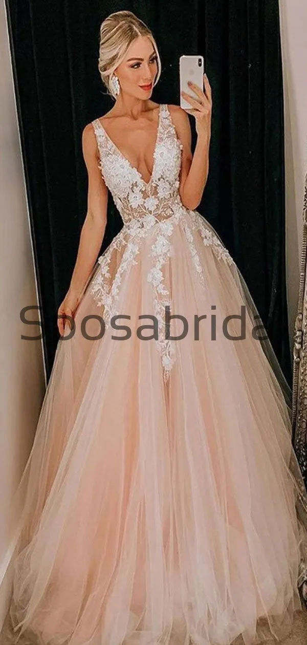 V-Neck Appliques Pink Tulle Long Formal Prom Dresses PD2179