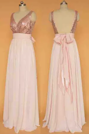 V-neck Rose Gold Chiffon A-line Bridesmaid Dress,Sequinned Bodice Long Prom Dress OK441