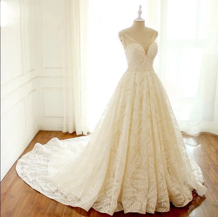 V Neck Unique New Design Wedding Dresses , Lovely Romantic Long Elegant Summer Bridal Gowns , WD0295