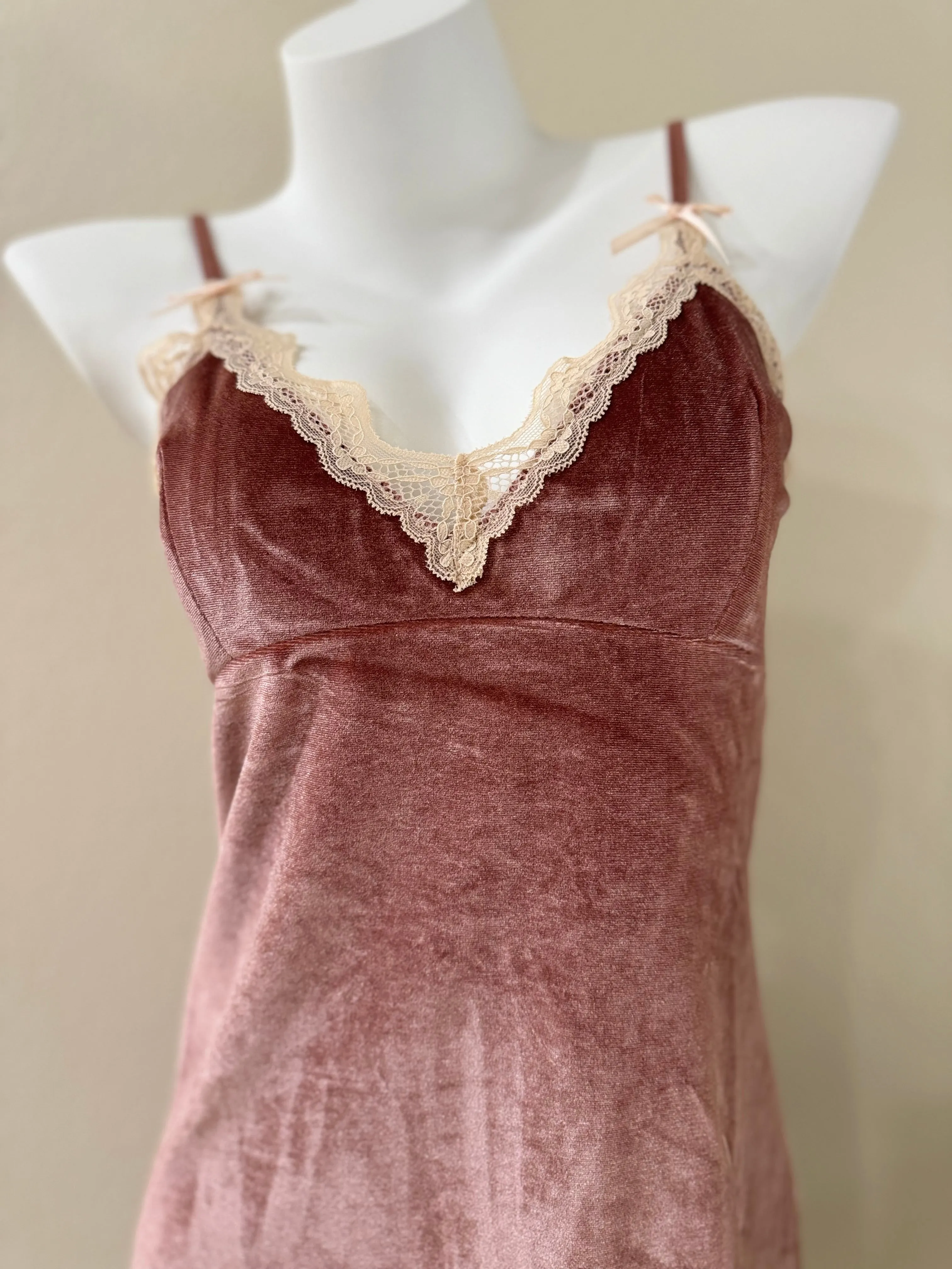 Velvet Lace-Trim Front Slit Slip