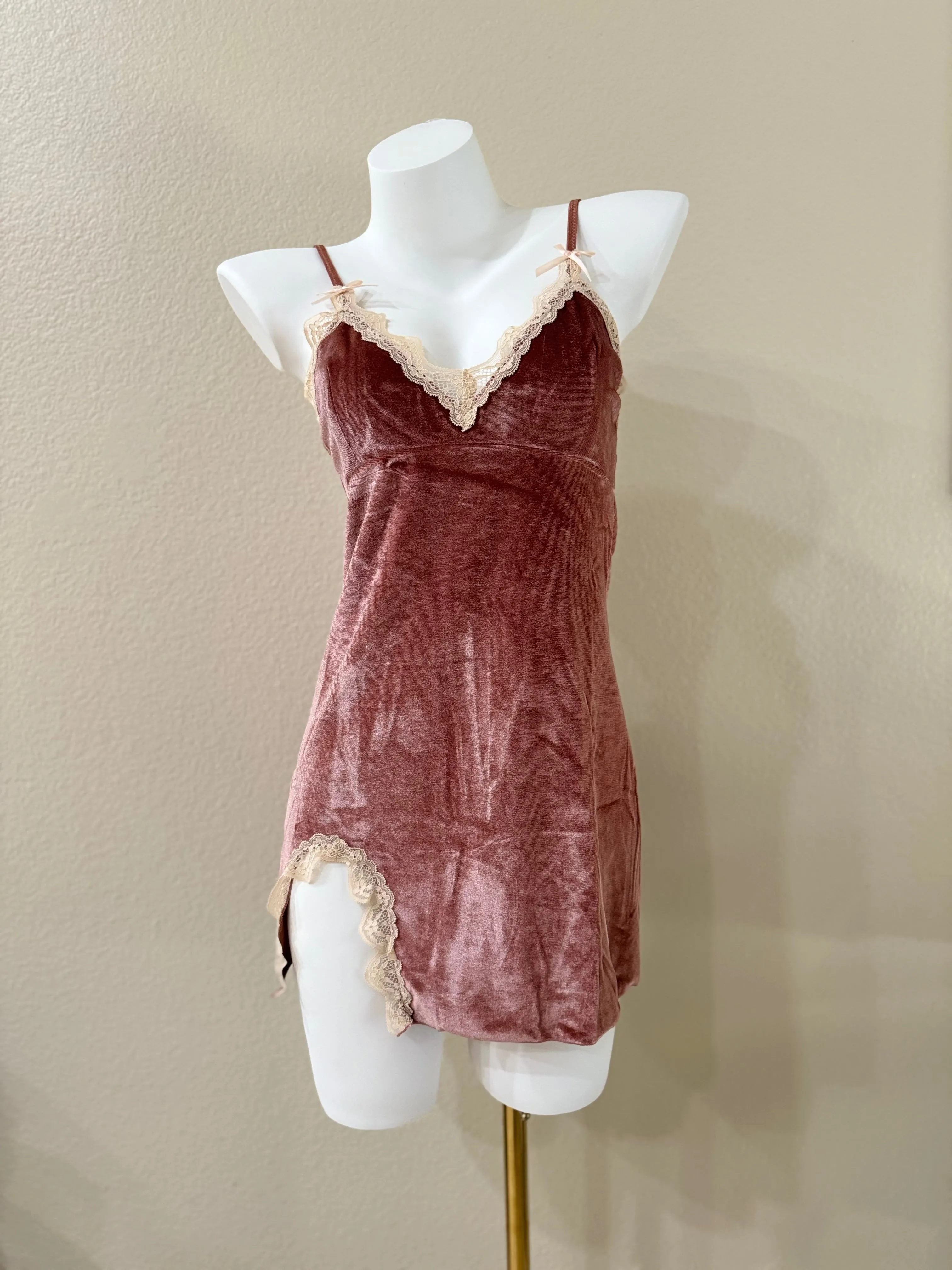 Velvet Lace-Trim Front Slit Slip