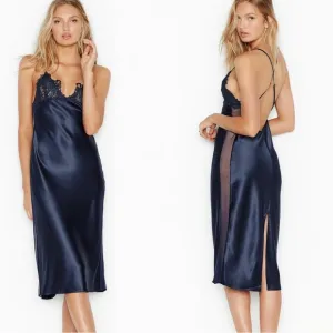 Victoria’s Secret Dragon Lace Satin Long Slip Dress Size Medium Navy