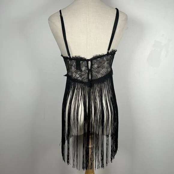 Victoria's Secret LACE BABYDOLL SLIP Fringe Black Women's Size Medium M Festival