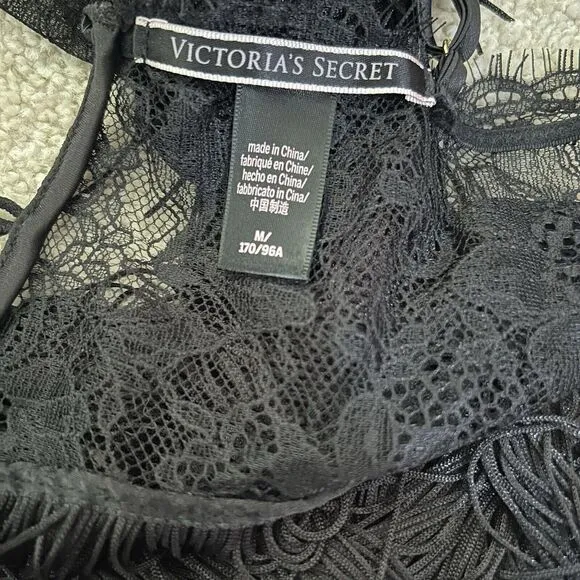 Victoria's Secret LACE BABYDOLL SLIP Fringe Black Women's Size Medium M Festival