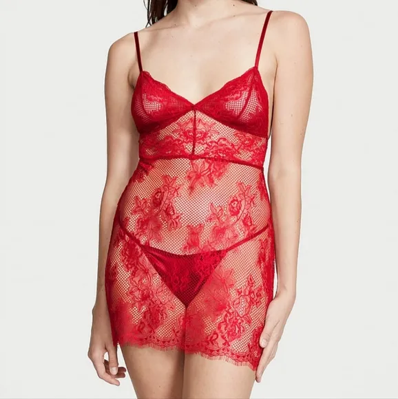 Victoria's Secret Red Fishnet Floral Mesh Lace Slip Set Size XL NWT