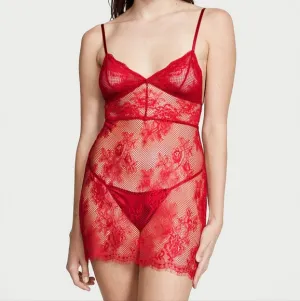 Victoria's Secret Red Fishnet Floral Mesh Lace Slip Set Size XL NWT