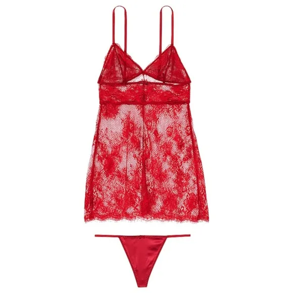 Victoria's Secret Red Fishnet Floral Mesh Lace Slip Set Size XL NWT