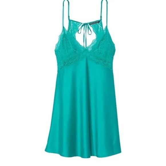 Victoria's Secret Valentines Satin Slip Small Emerald green Lace