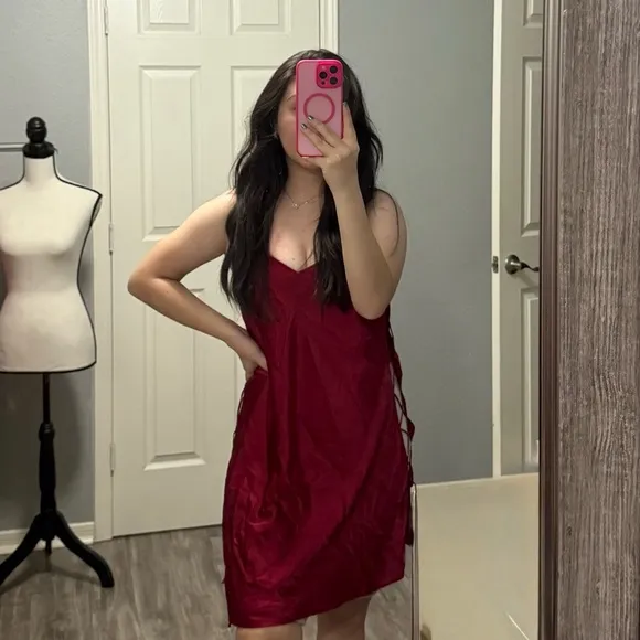 Victoria's Secret Y2K Lace Up Sides Red Satin Sexy Slip Dress Size Large
