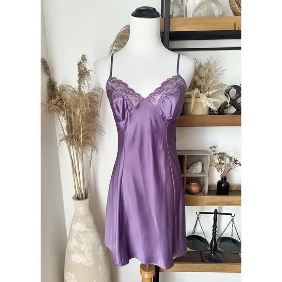 Vintage 2001 Y2K Victoria’s Secret Purple Silky Satin Lace Slip Lingerie Dress