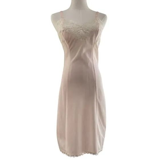 Vintage 40s 50s Lady Lynne Pink Lacy Pinup Silky Nylon Full Slip Dress Size S