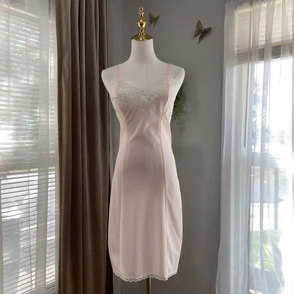 Vintage 40s 50s Lady Lynne Pink Lacy Pinup Silky Nylon Full Slip Dress Size S