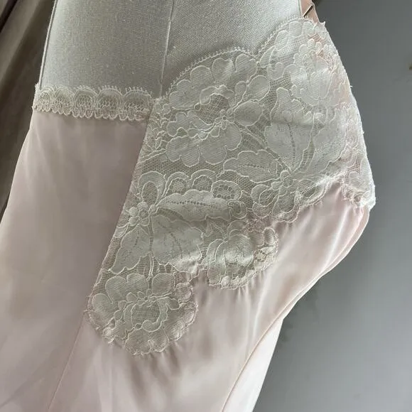 Vintage 40s 50s Lady Lynne Pink Lacy Pinup Silky Nylon Full Slip Dress Size S