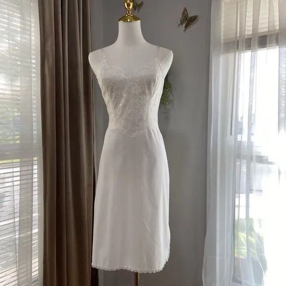 Vintage 50s Vanity Fair Pinup White Nylon Lace Bodice Full Slip Dress Size 34