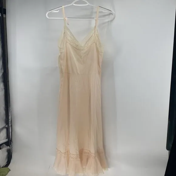 Vintage slip dress adjustable straps pink peach lace pleated details 50s cottage
