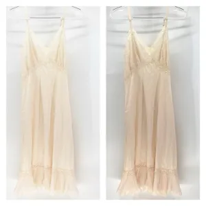 Vintage slip dress adjustable straps pink peach lace pleated details 50s cottage