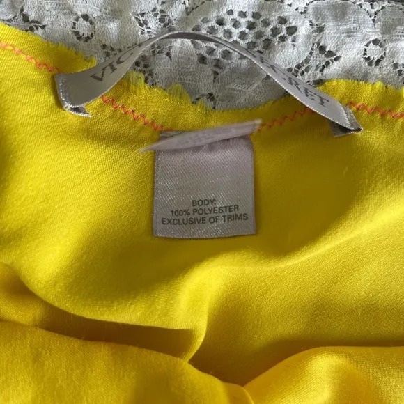 Vintage Victoria’s Secret Yellow White Hot Pink Lace Slip Dress Chemise Sz Large