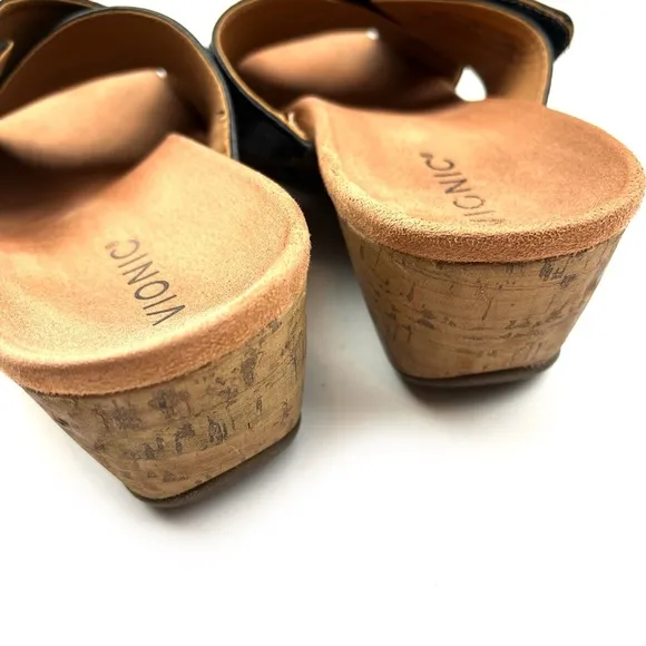 Vionic Leticia Black Pebbled Leather Cork Wedge Comfort Slide Sandals size 10