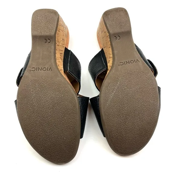 Vionic Leticia Black Pebbled Leather Cork Wedge Comfort Slide Sandals size 10