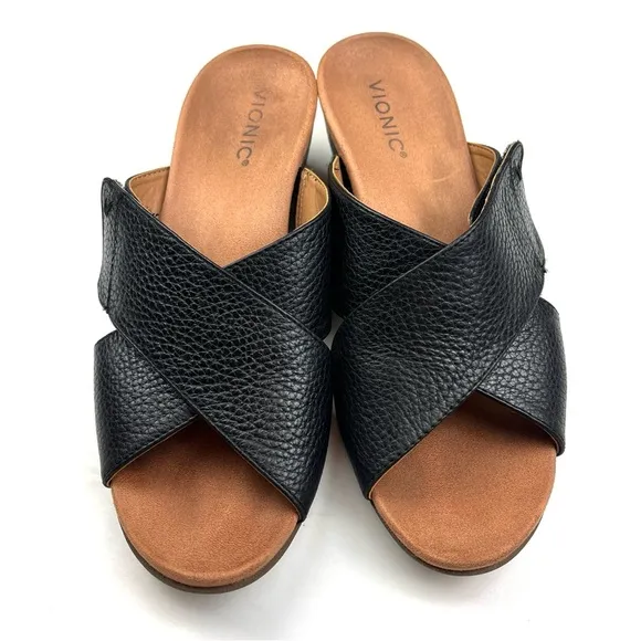 Vionic Leticia Black Pebbled Leather Cork Wedge Comfort Slide Sandals size 10