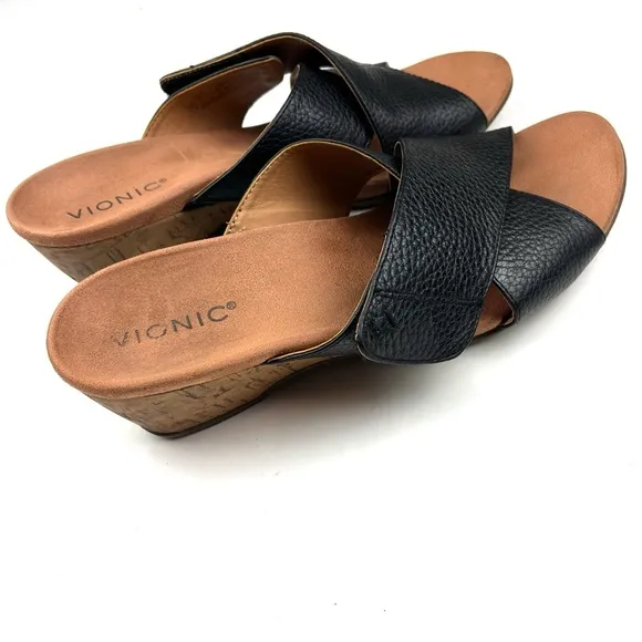 Vionic Leticia Black Pebbled Leather Cork Wedge Comfort Slide Sandals size 10