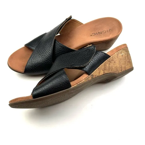 Vionic Leticia Black Pebbled Leather Cork Wedge Comfort Slide Sandals size 10