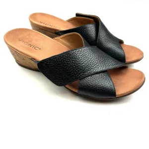 Vionic Leticia Black Pebbled Leather Cork Wedge Comfort Slide Sandals size 10