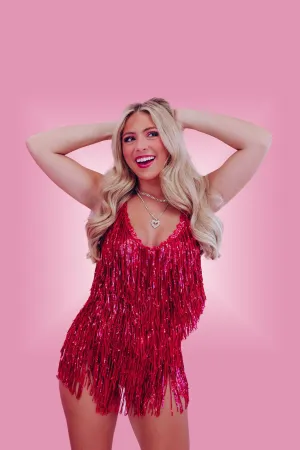 Vivacious V Fringed Sequin Bodysuit - Deep Pink