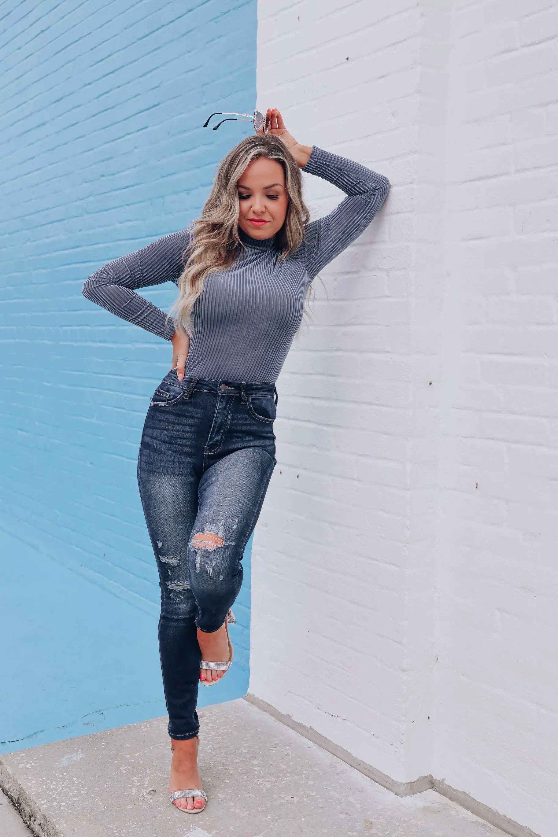 Vivian Velvet Mock Neck Bodysuit - Dusty Blue