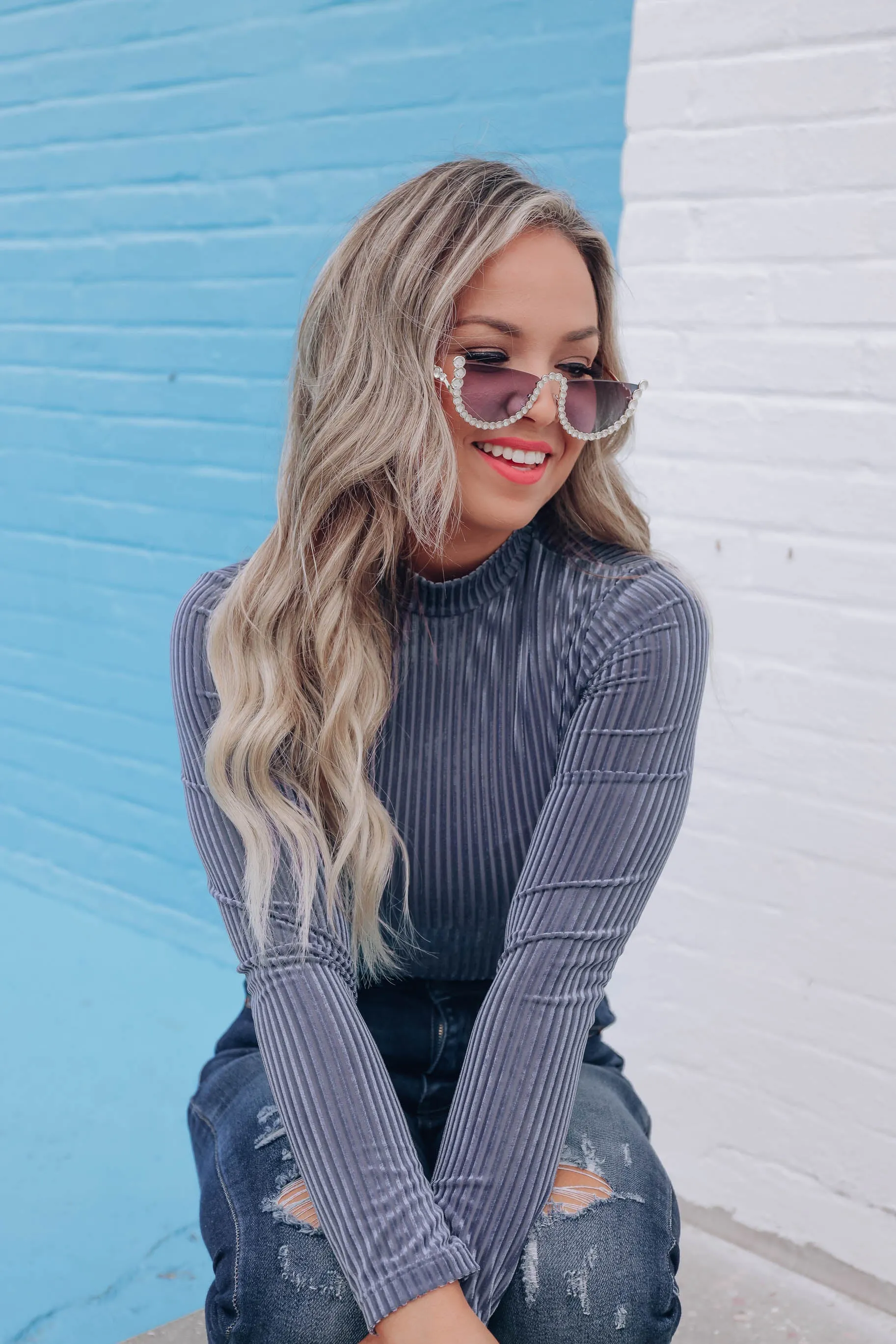 Vivian Velvet Mock Neck Bodysuit - Dusty Blue