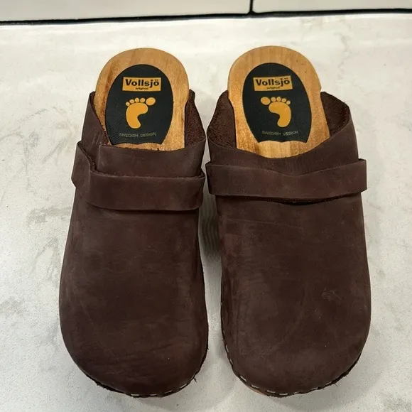 Vollsjo Women's Genuine Leather Wooden Clogs Mules Made in EU