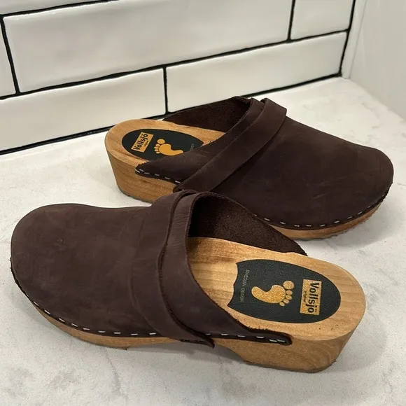 Vollsjo Women's Genuine Leather Wooden Clogs Mules Made in EU