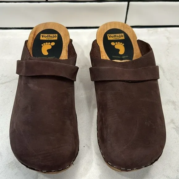 Vollsjo Women's Genuine Leather Wooden Clogs Mules Made in EU