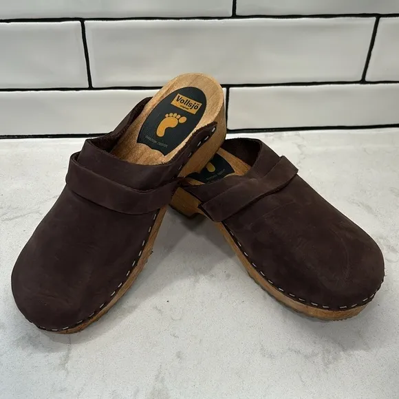 Vollsjo Women's Genuine Leather Wooden Clogs Mules Made in EU