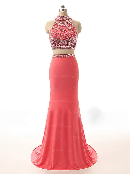Watermelon Two Pieces Hight Neck Evening Party Long Prom Dresses, BG51212