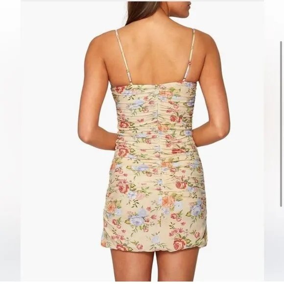 WeWoreWhat Ronnie Yellow Floral Spaghetti Strap Sleeveless Ruched Mini Dress S