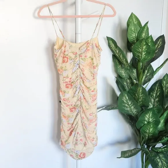 WeWoreWhat Ronnie Yellow Floral Spaghetti Strap Sleeveless Ruched Mini Dress S