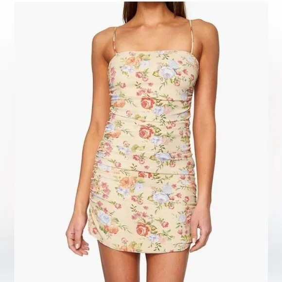 WeWoreWhat Ronnie Yellow Floral Spaghetti Strap Sleeveless Ruched Mini Dress S