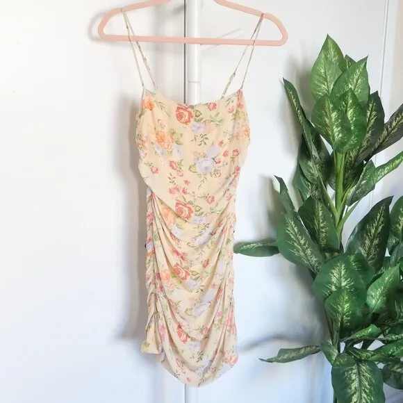WeWoreWhat Ronnie Yellow Floral Spaghetti Strap Sleeveless Ruched Mini Dress S