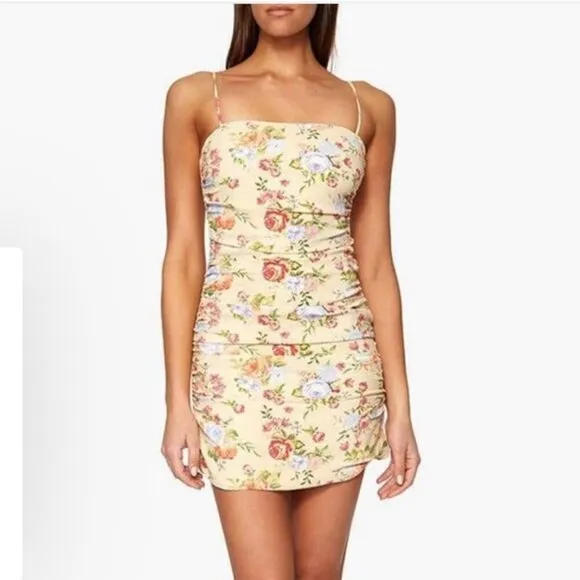 WeWoreWhat Ronnie Yellow Floral Spaghetti Strap Sleeveless Ruched Mini Dress S