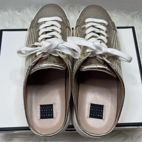 WHBM Kicks Quilted Metallic Textured Gold Mule Slip-On Tie Up Sneakers Size 8