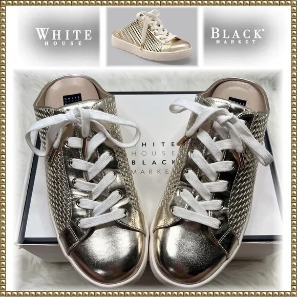 WHBM Kicks Quilted Metallic Textured Gold Mule Slip-On Tie Up Sneakers Size 8