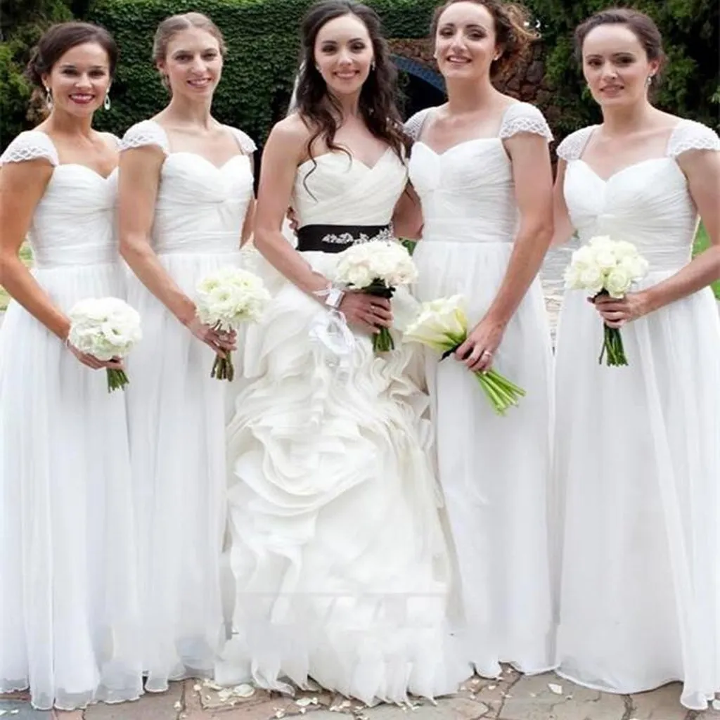 White Chiffon Simple Cap Sleeve Cheap Long Wedding Party Bridesmaid Dresses,WGY0138