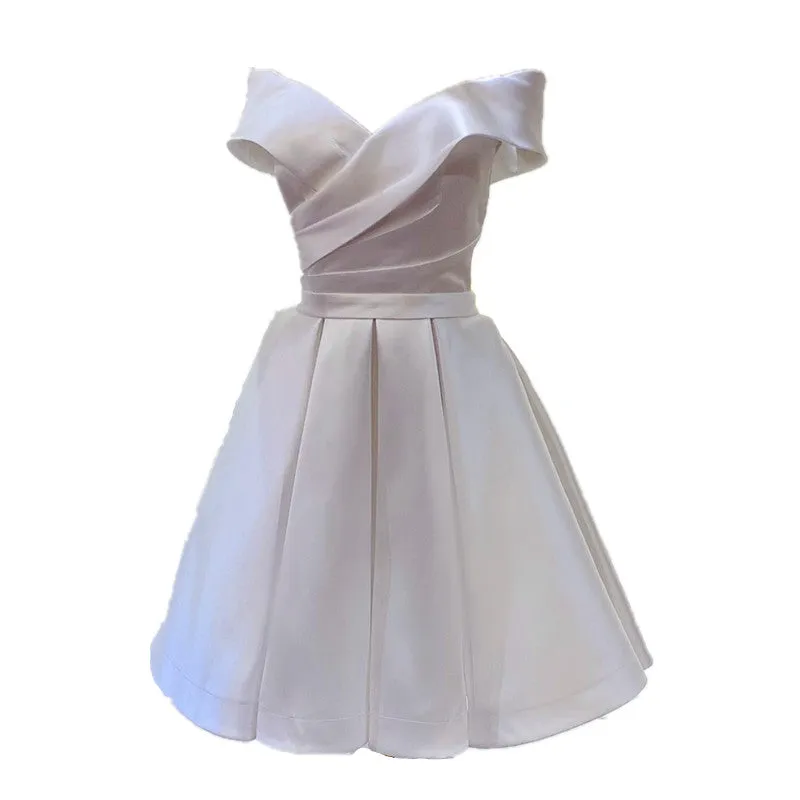White Simple Satin Off Shoulder Knee Length Party Dress, Graduation Dress Prom Dress