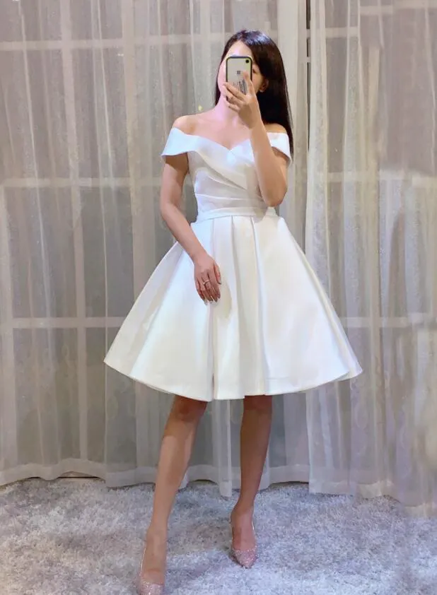 White Simple Satin Off Shoulder Knee Length Party Dress, Graduation Dress Prom Dress