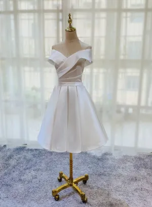 White Simple Satin Off Shoulder Knee Length Party Dress, Graduation Dress Prom Dress