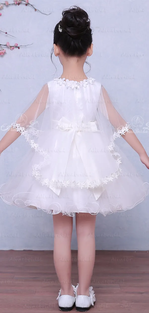White Tulle Simple Flower Girl Dresses With Cape, FGS030
